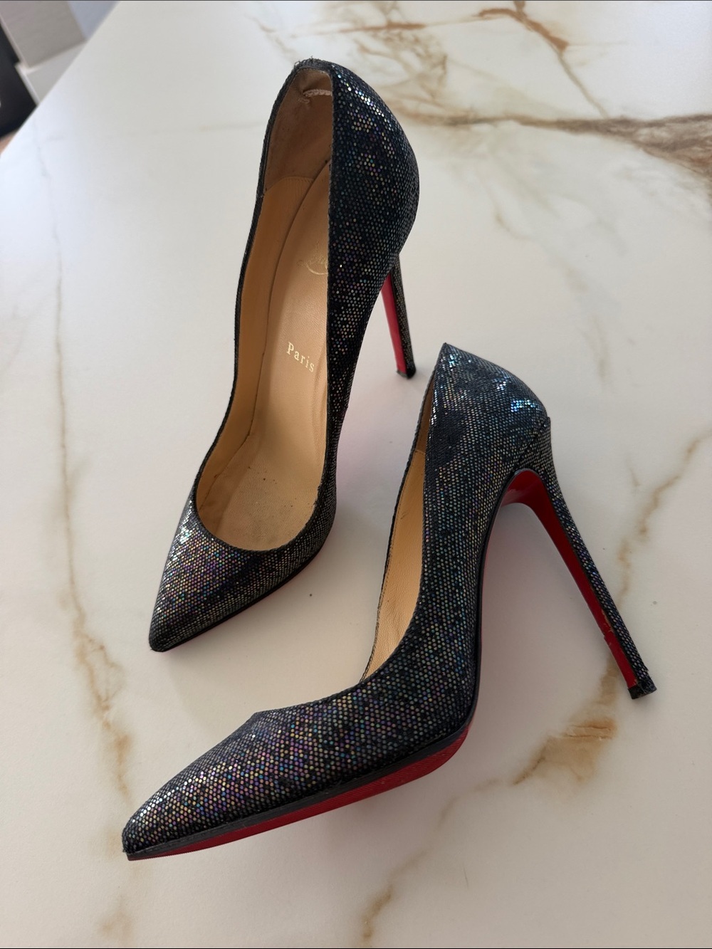 Christian Louboutin Black Glitter Pointed-Toe Stiletto Pumps-38